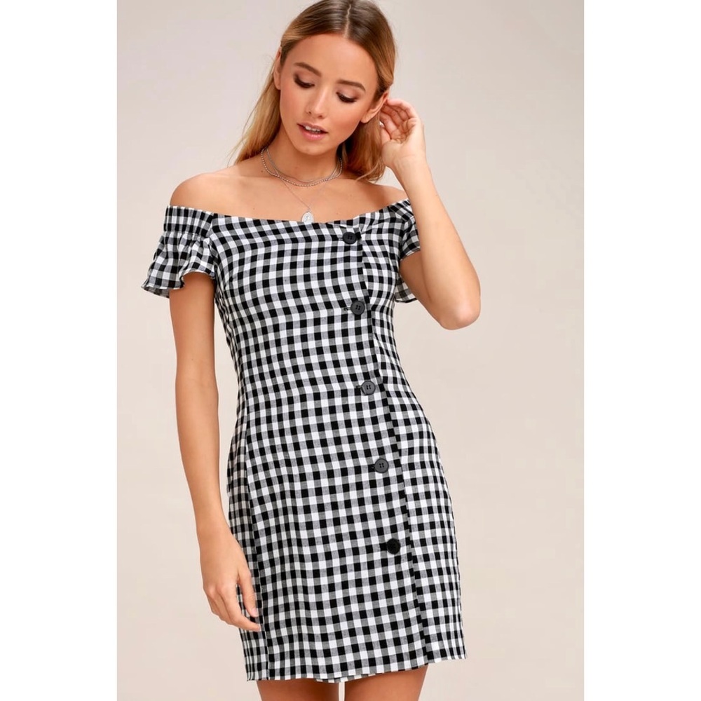 “Check, Please” Classic Gingham Off-Shoulder Dress - Picture 2 of 10